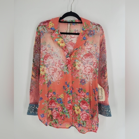 Aratta Tops - Aratta Silent Journey shirt embroidered front back sheer sleeve coral Size m New